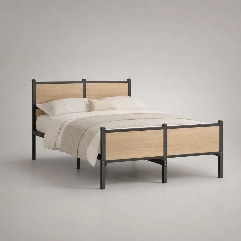 Bettgestell 180 x 200 cm Metallbett mit Holzoptik Kopfteil Schwarz/Naturholz