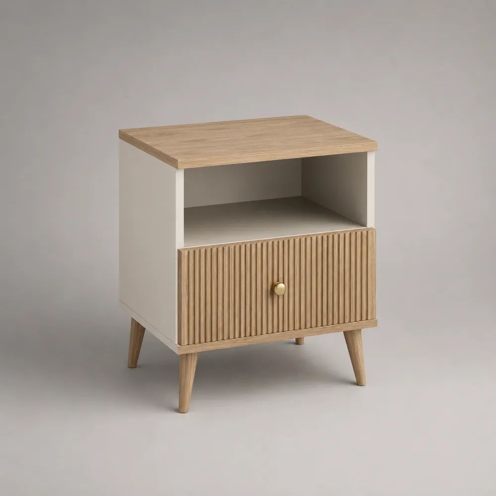 Nachttisch Beige mit Holzoptik, Schublade und Ablage 50 x 40 x 60 cm