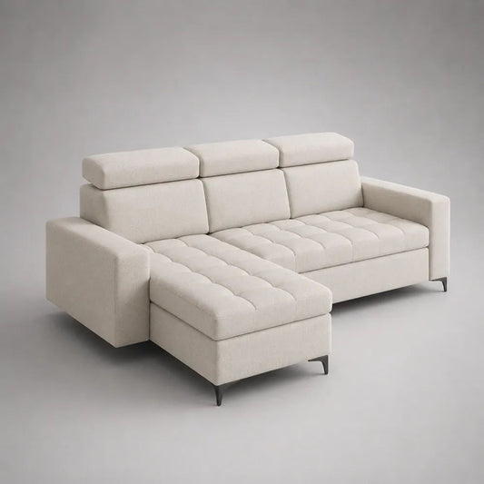 Ecksofa L Form 280 x 180 x 85 cm Cremeweiß mit Polyester Stoffbezug und Ottomane