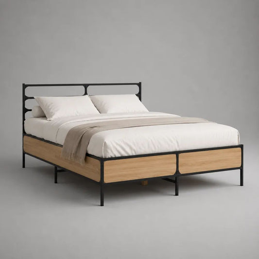 Bett 180 x 200 cm Schwarz/Natur mit Metallrahmen Holzoptik und Kopfteil