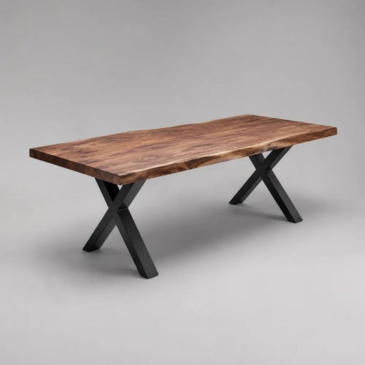 Esstisch 200 x 100 x 75 cm Braun/Schwarz mit Massivholz Tischplatte und X Metallbeinen