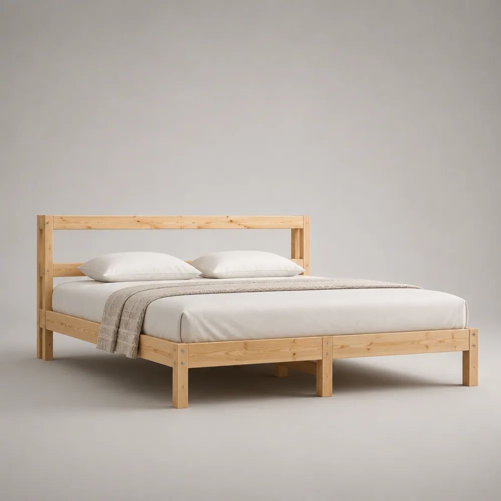 Bett 180 x 200 cm Natur Kiefer Massivholz Doppelbett mit Kopfteil