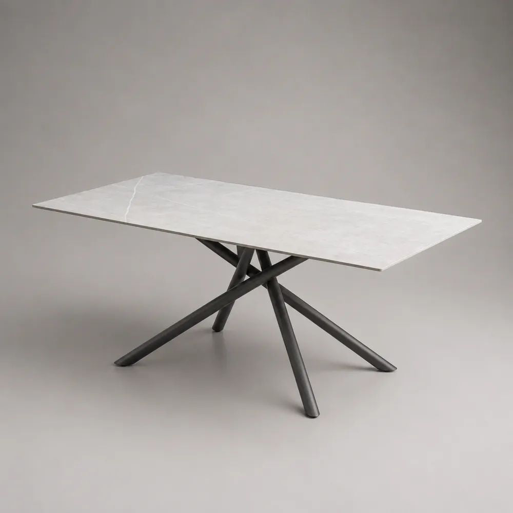 Esstisch 180 x 90 x 75 cm Weiß/Schwarz Keramik Tischplatte mit schwarzem Metallgestell