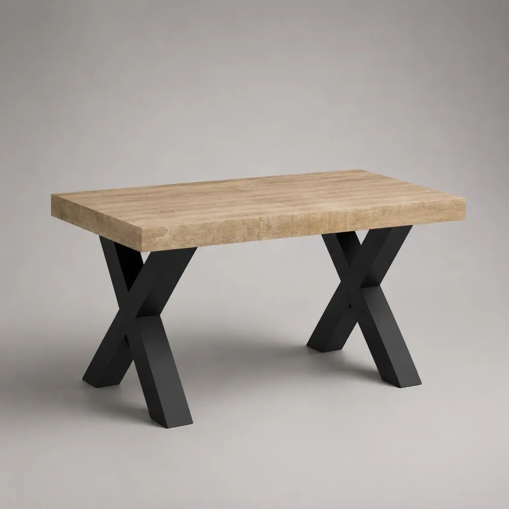Esstisch 180 x 90 x 75 cm Eiche Natur/Schwarz mit MDF Tischplatte und X Metallbeinen Rechteckig
