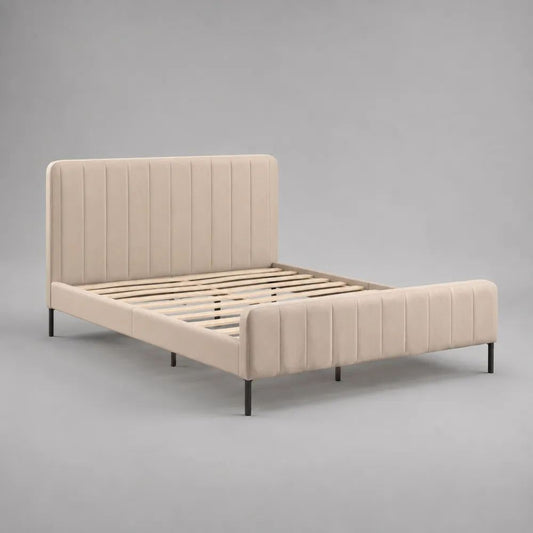 Polsterbett 160 x 200 cm Beige mit gepolstertem Kopfteil und schwarzen Metallfüßen