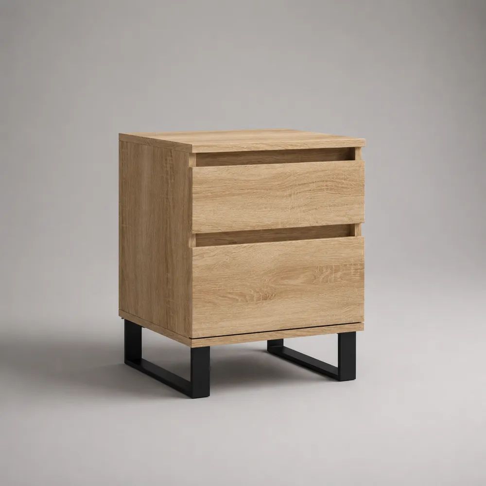 Nachttisch 55 x 40 x 60 cm Holzoptik Eiche Natur mit 2 Schubladen und schwarzem Metallgestell
