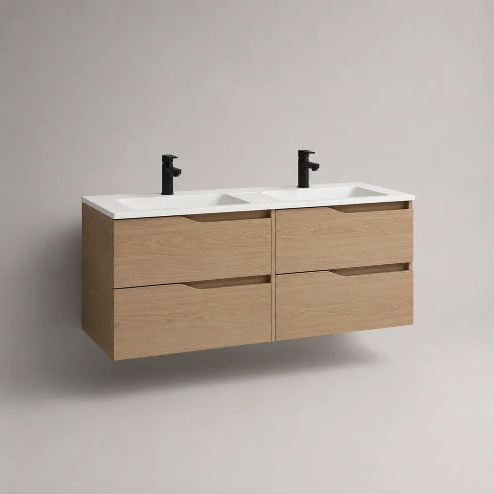 Waschtischunterschrank 120 x 45 x 55 cm Eiche/Weiß mit Doppelwaschbecken und 4 Schubladen