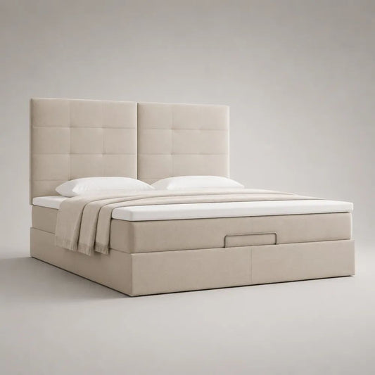 Polsterbett 180 x 200 cm Stoffbett Beige mit gepolstertem Kopfteil und Stauraum
