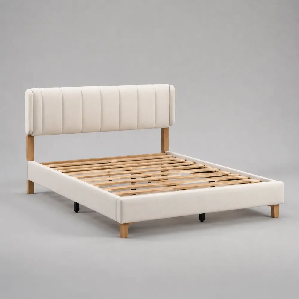 Polsterbett 180 x 200 cm Beige/Naturholz mit Polyester Bezug gepolstertem Kopfteil und Lattenrost